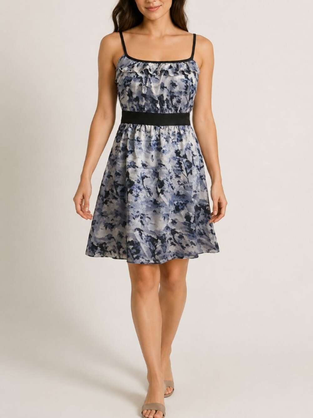 PLANET GOLD WHITE BLUE FLORAL SUMMER DRESS BELT ACCENT Size M